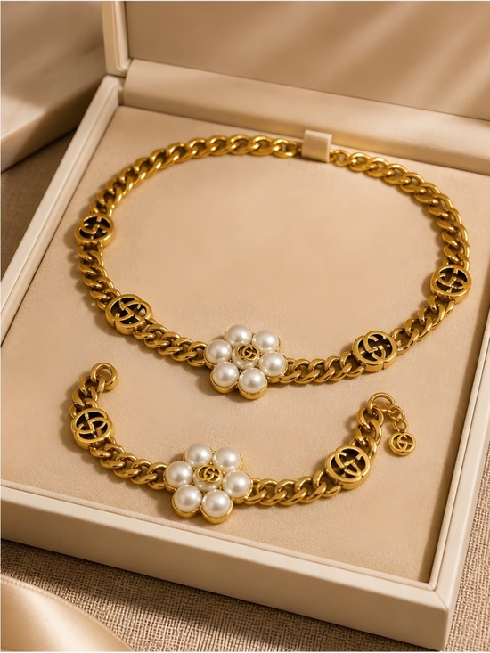 Gucci Jewelry - Gucci Gold-Tone Chain Necklace and Bracelet with Pearl Flower Accents